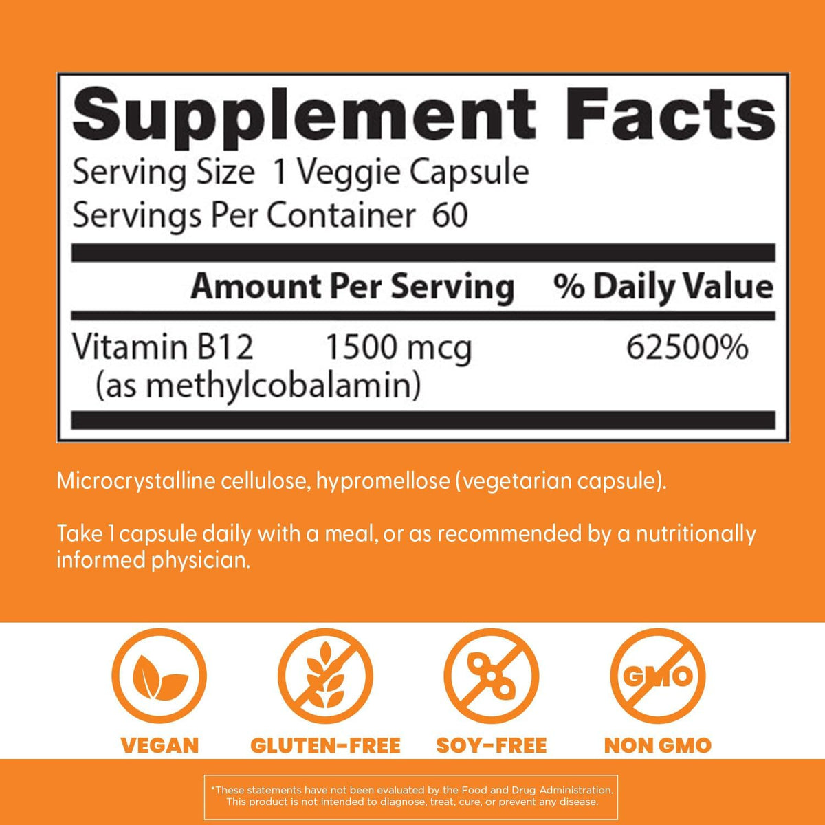 Doctor's Best Fully Active Vitamin B12, bottle packaging, unflavoured, 1500mcg, 60 or 180 veggie capsules, supplement facts and ingredients