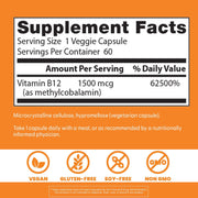 Doctor's Best Fully Active Vitamin B12, bottle packaging, unflavoured, 1500mcg, 60 or 180 veggie capsules, supplement facts and ingredients