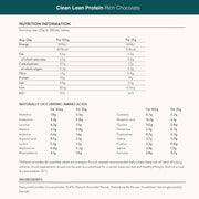 Nutritional info and ingredient list for Nuzest chocolate protein powder.