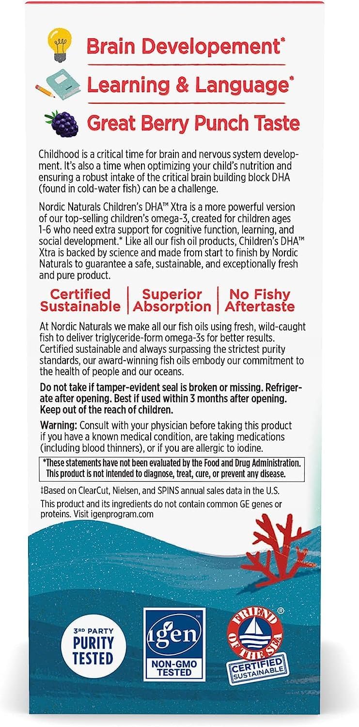 Supplement facts and ingredient list for Nordic Naturals DHA Xtra box.