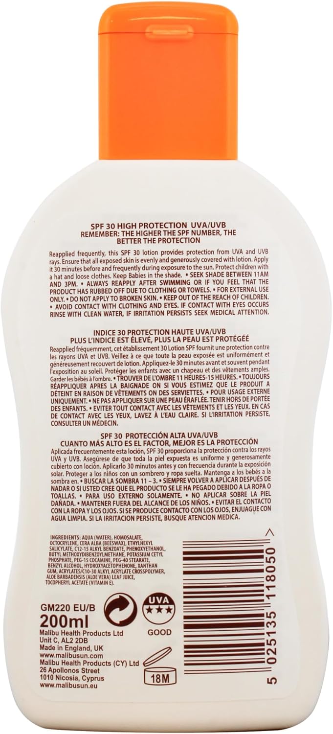 Malibu SPF30 Lotion Protection Non-Titanium – 200ml Advanced Sun Protection Without Titanium Dioxide
