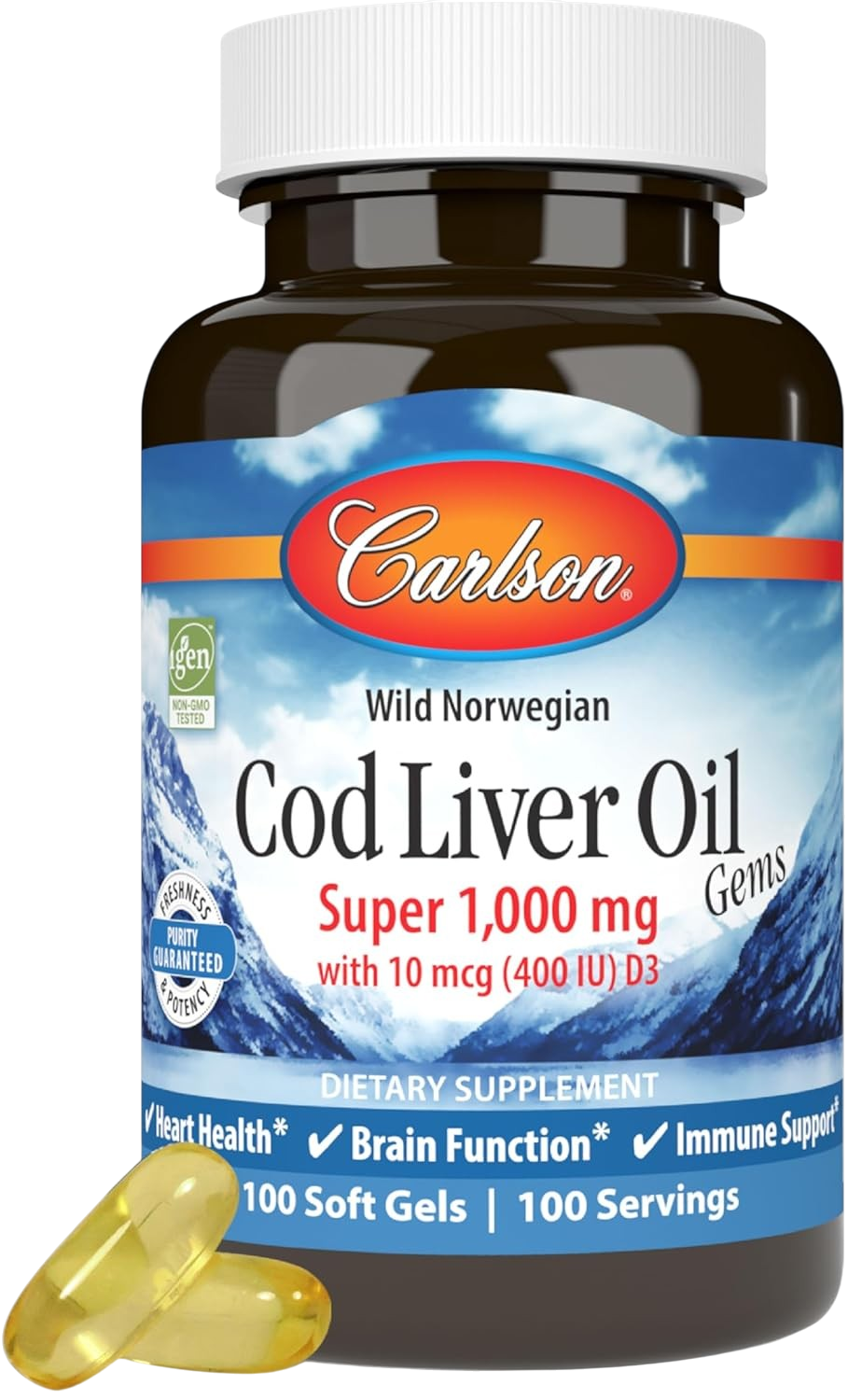Front image: Carlson Cod Liver Oil Gems 1000 mg softgels vitamin D3 100 bottle