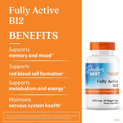 Doctor's Best Fully Active Vitamin B12, bottle packaging, unflavoured, 1500mcg, 60 or 180 veggie capsules, daily dietary supplement use