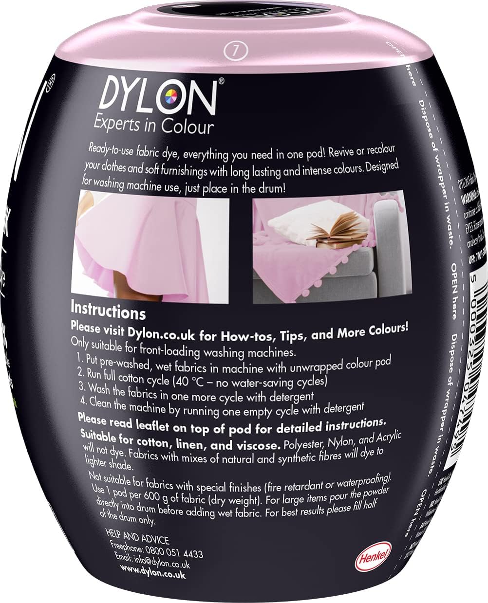 Dylon All-in-1 Fabric Dye Pod Peony Pink 350g ingredient information panel