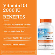 Doctor's Best Vitamin D3, bottle packaging, unflavoured, 2000 IU 50mcg, 180 softgels, daily dietary supplement use