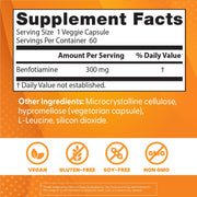 Doctor's Best Benfotiamine, bottle packaging, no flavour, 300mg, 60 veggie capsules, supplement facts and ingredients
