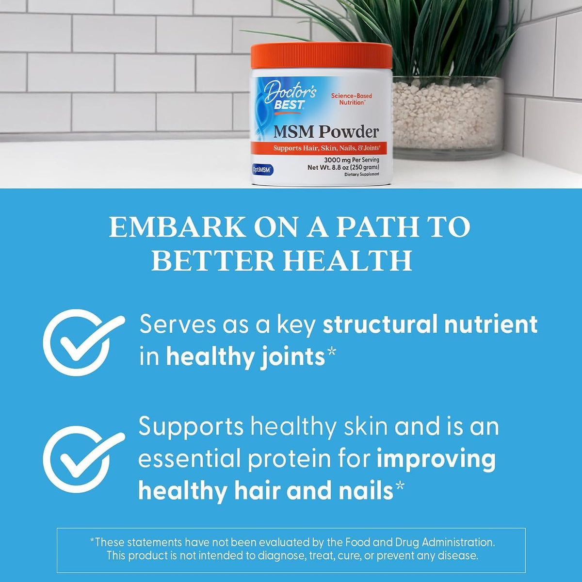Doctor's Best MSM Powder with OptiMSM, container packaging, unflavoured, 250g, daily dietary supplement use