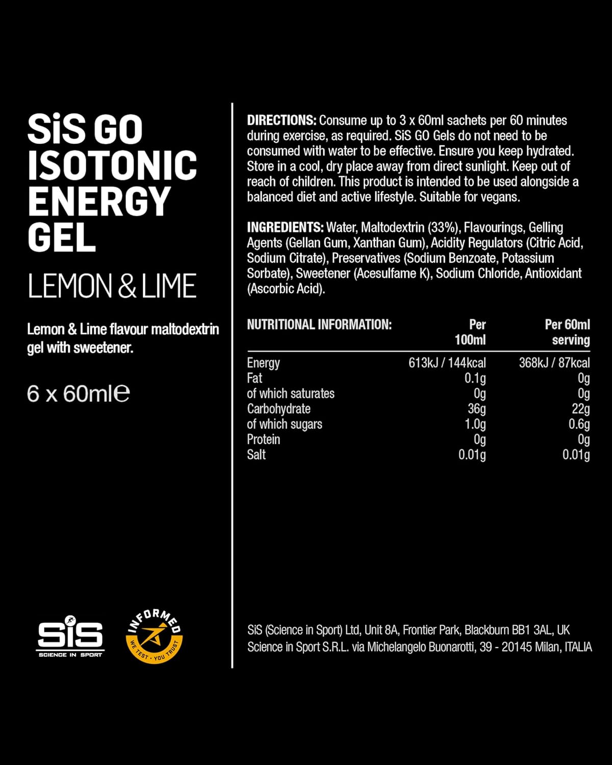 Directions, ingredients and nutrition info for SIS energy gel.