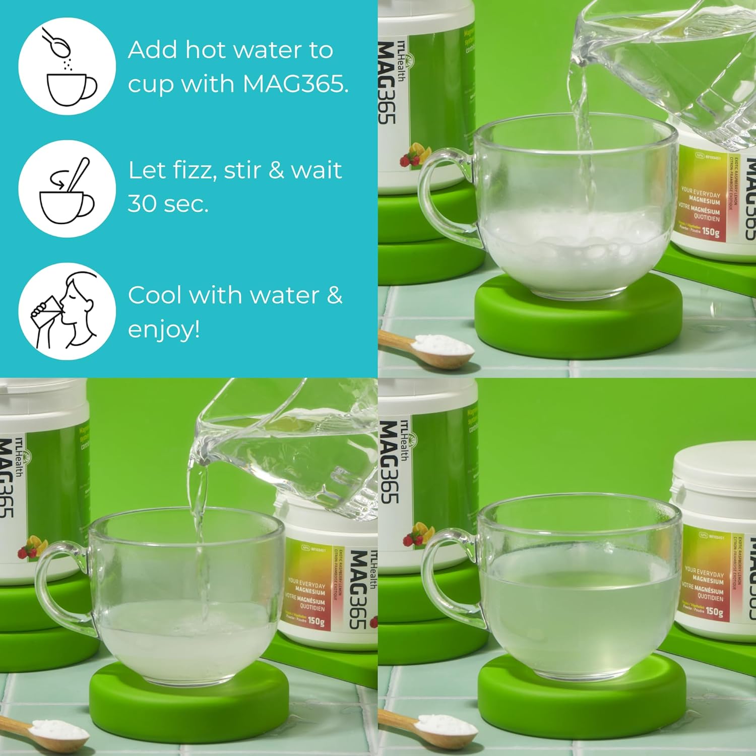 How to Use: Teaspoon of MAG365 powder next to a glass of lemon water.