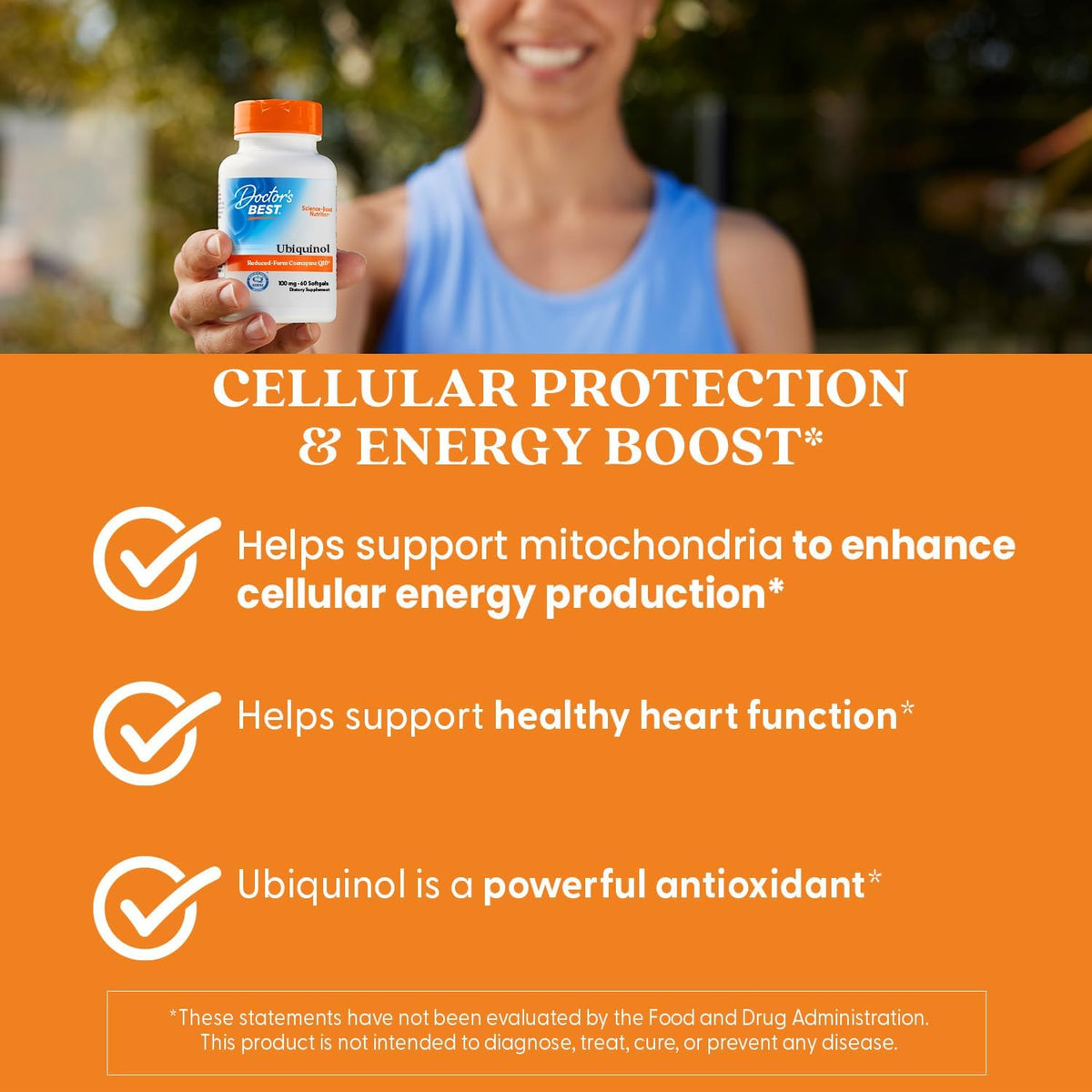 Doctor's Best Ubiquinol CoQ10, bottle packaging, no flavour, 100mg, 60 softgels, daily dietary supplement use