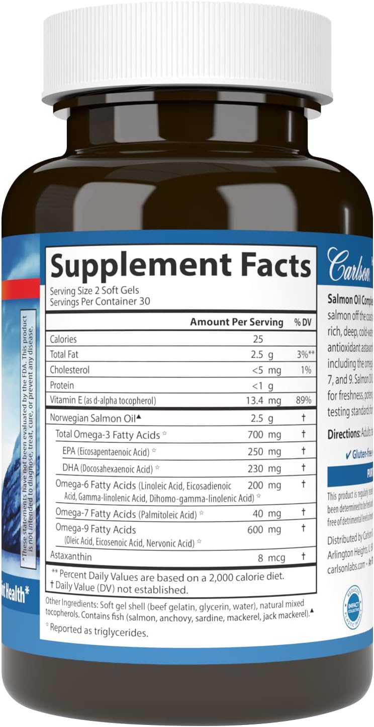 Supplement facts & ingredients image: Carlson Salmon Oil Complete omega fatty acids astaxanthin supplement facts 180 softgels