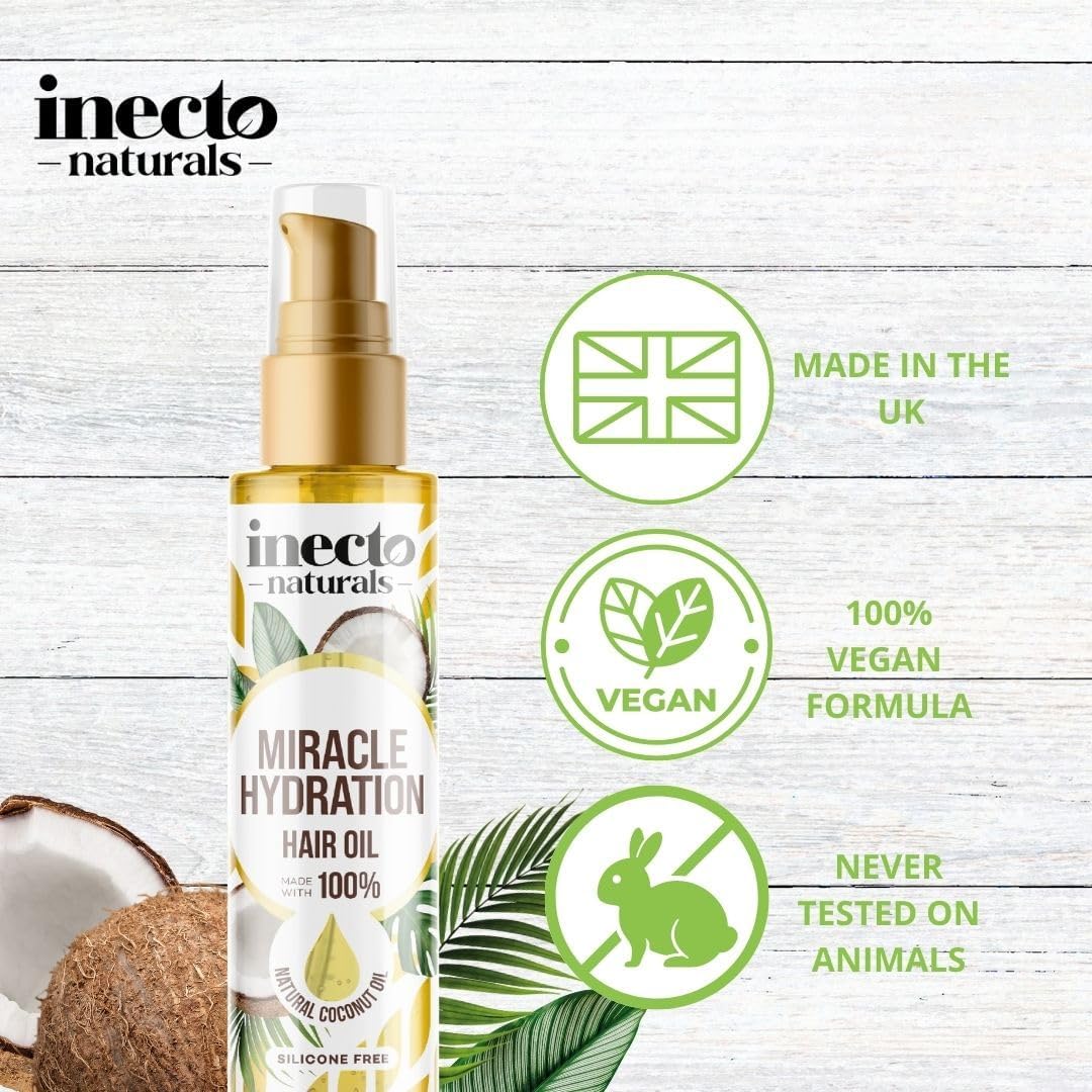 Inecto Naturals Miracle Hydration Hair Oil, pump bottle packaging, Coconut fragrance, 100ml, haircare use