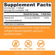 Doctor's Best Vitamin D3, bottle packaging, unflavoured, 1000 IU 25mcg, 180 softgels, supplement facts and ingredients