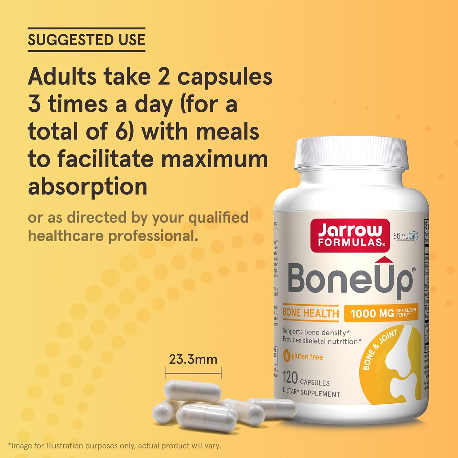 How to Use Image: Jarrow Formulas BoneUp calcium 1000mg D3 K2 capsules usage instructions with meal