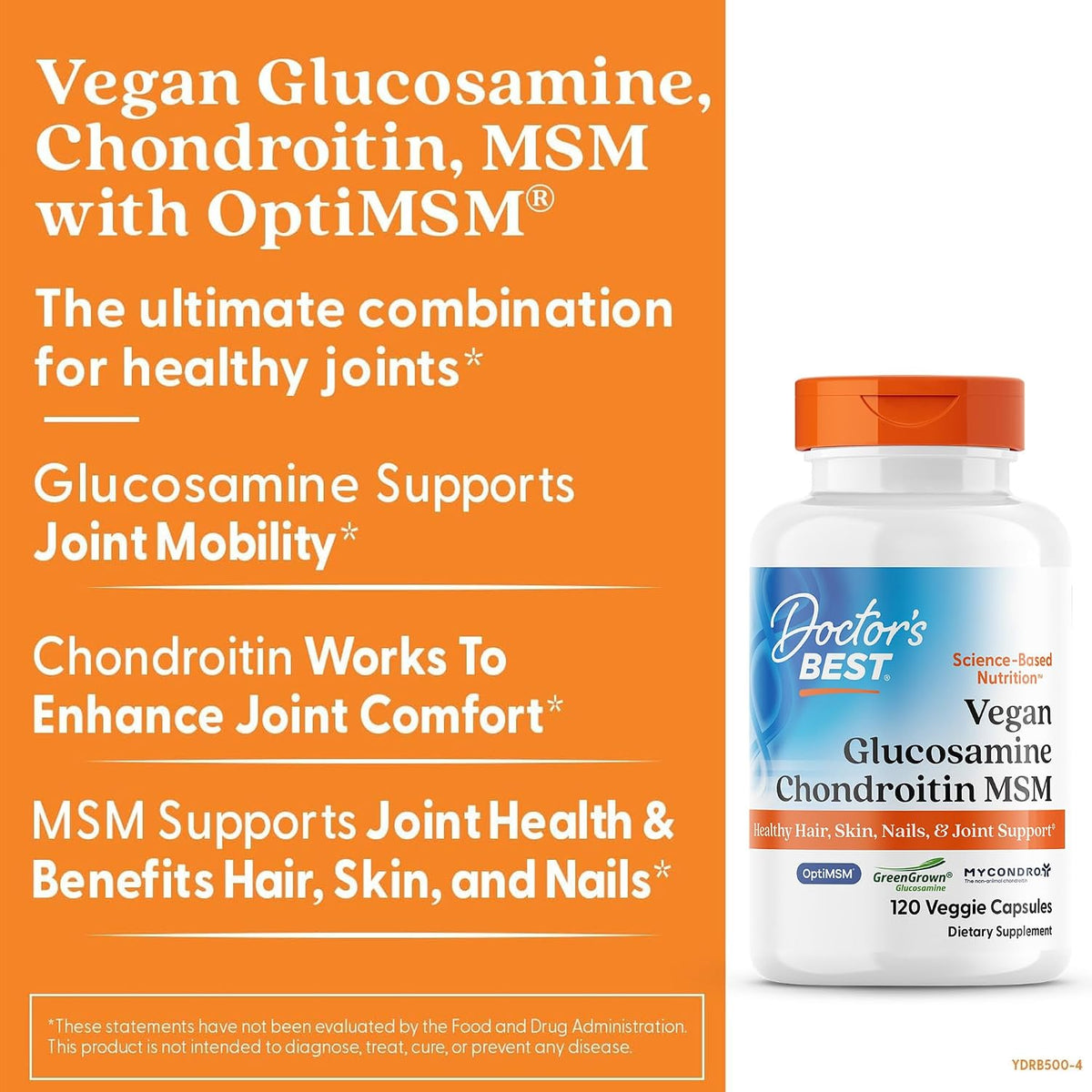 Doctor's Best Vegan Glucosamine Chondroitin MSM, bottle packaging, no flavour, 120 veggie capsules, daily dietary supplement use