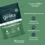 Nutrition Geeks Ashwagandha Calm+ 3000mg, vegan food supplement capsule packaging, no flavour, 60 capsules, directions for use