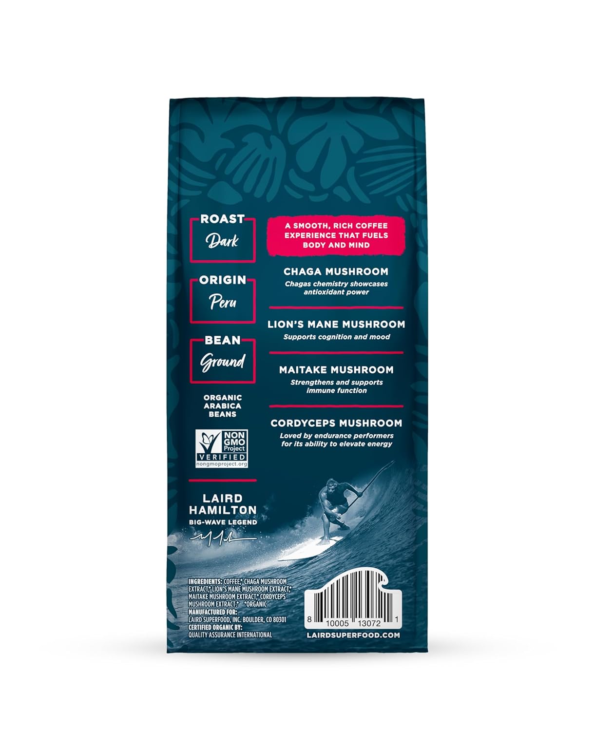 Laird Superfood Peruvian dark roast coffee with mushrooms 340g barcode on white background