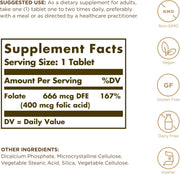 Supplement facts & ingredients image: Solgar Folate 666mcg DFE folic acid supplement facts ingredients bottle 250 count