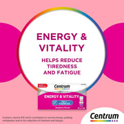 Centrum Energy & Vitality Vitamin B12 Liquid Shot, carton packaging with individual bottles, raspberry flavour, 15 x 7ml, product information