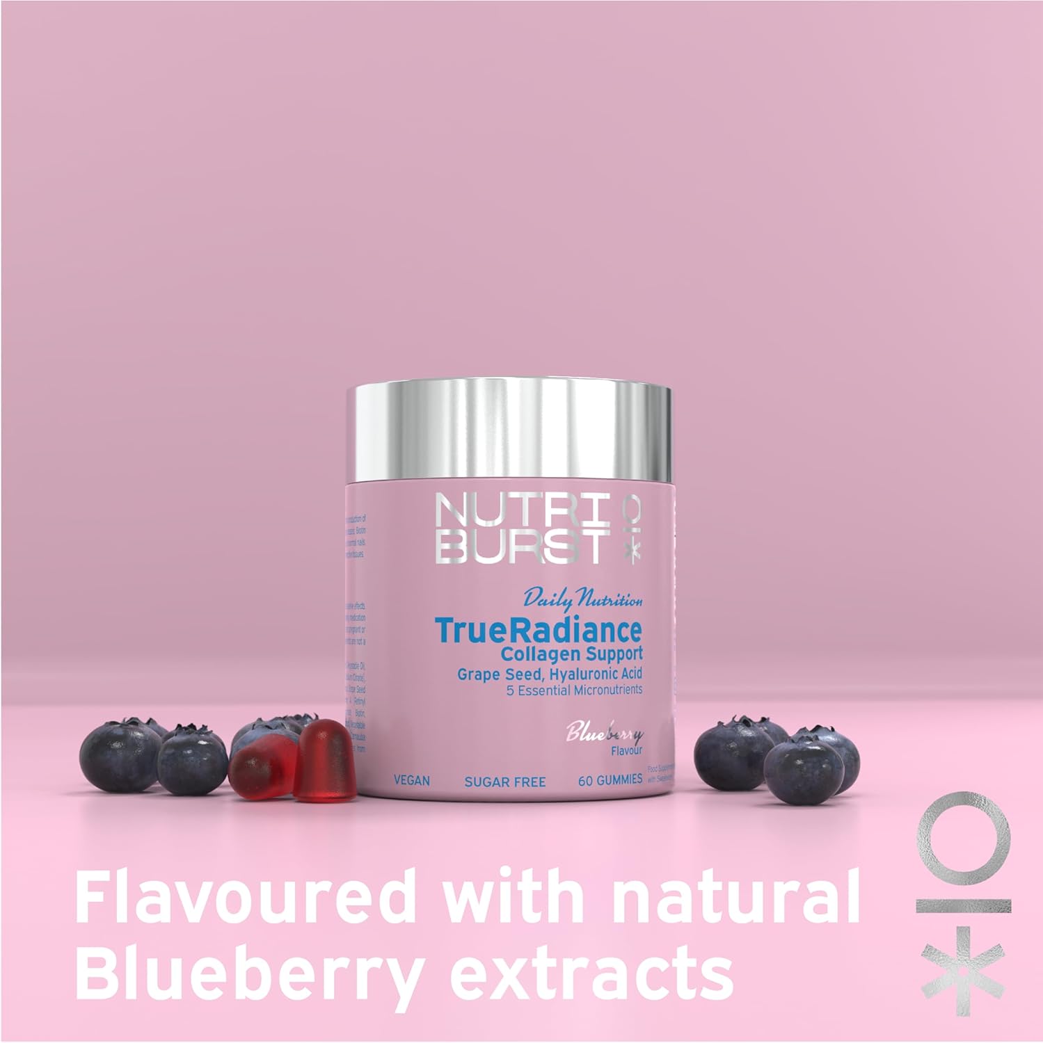 Nutriburst TrueRadiance Collagen Support Gummies jar, blueberry, 60 count.