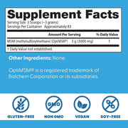Doctor's Best MSM Powder with OptiMSM, container packaging, unflavoured, 250g, supplement facts and ingredients