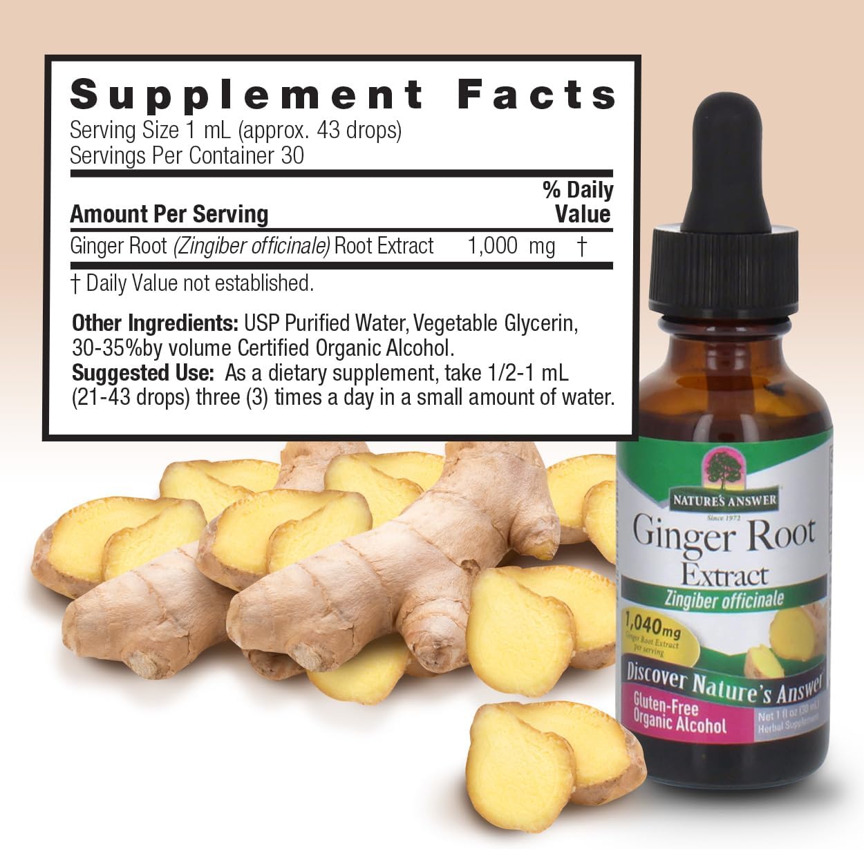 Nature’s Answer Ginger Root Liquid Extract 30ml supplement facts label on a beige background