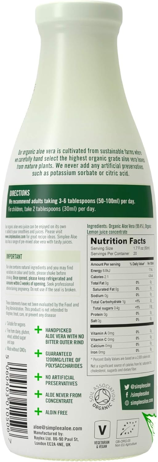 Supplement Facts Image: Simplee Aloe ingredients organic aloe vera juice 1L packaging