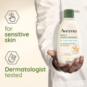 Aveeno Yogurt Body Wash bottle showing ingredients and usage instructions.