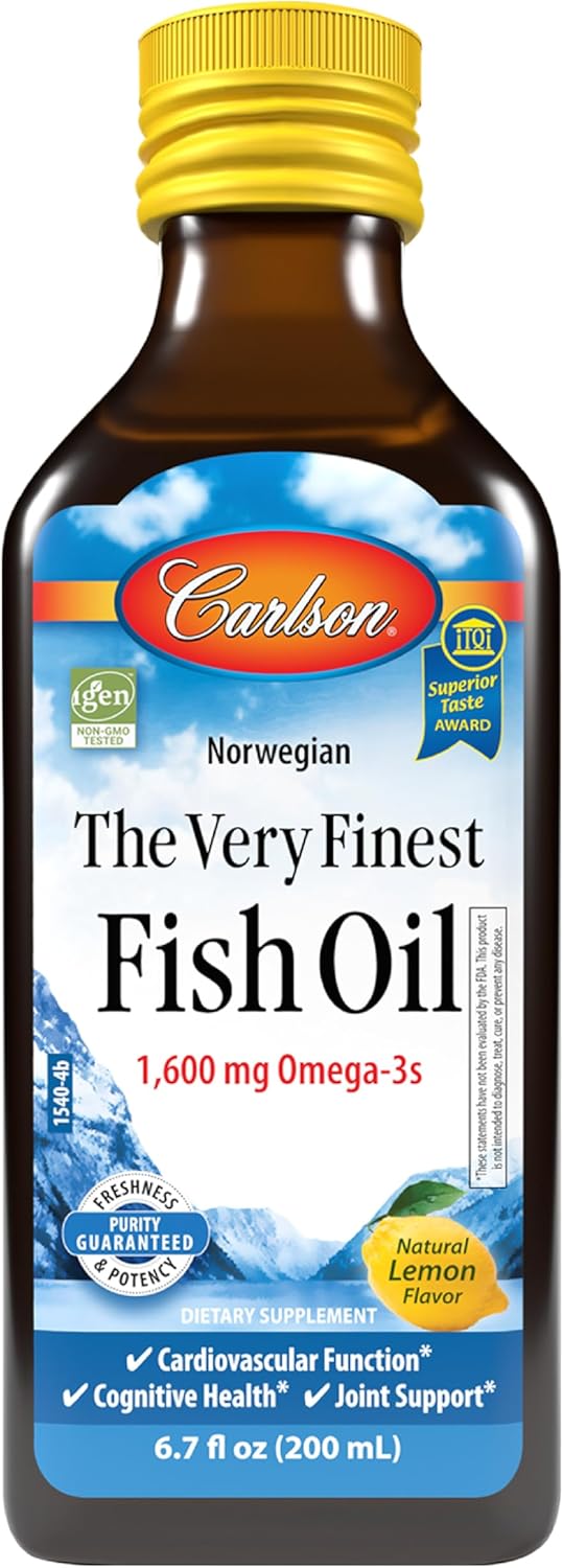 Front image: Carlson Very Finest Fish Oil liquid omega 3 1600 mg bottle lemon