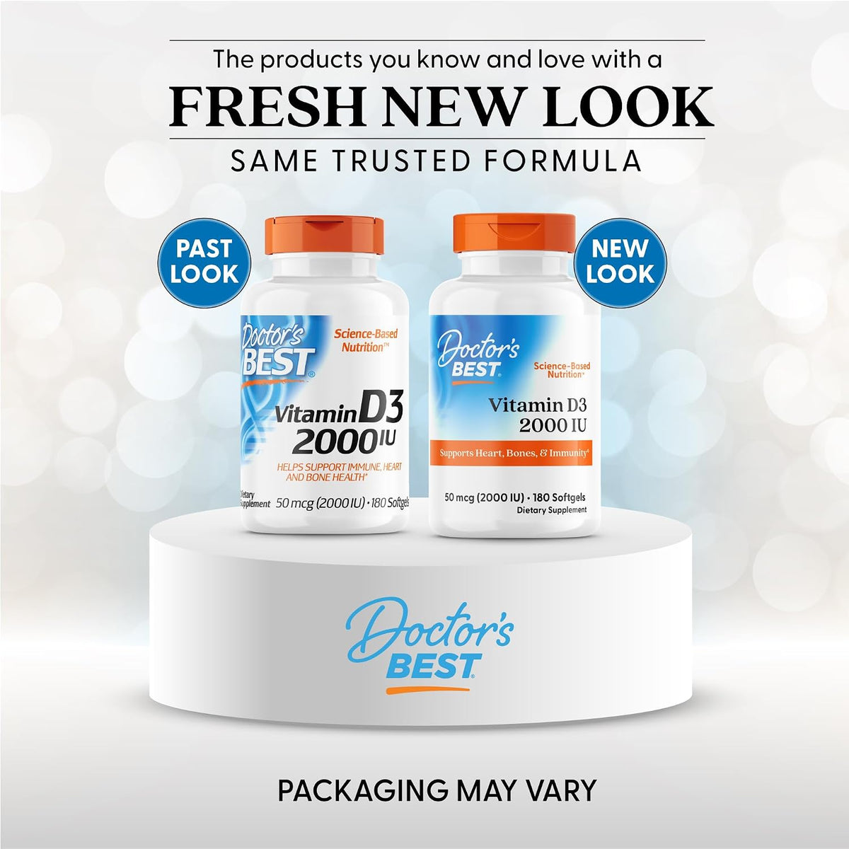 Doctor's Best Vitamin D3, bottle packaging, unflavoured, 2000 IU 50mcg, 180 softgels, new packaging