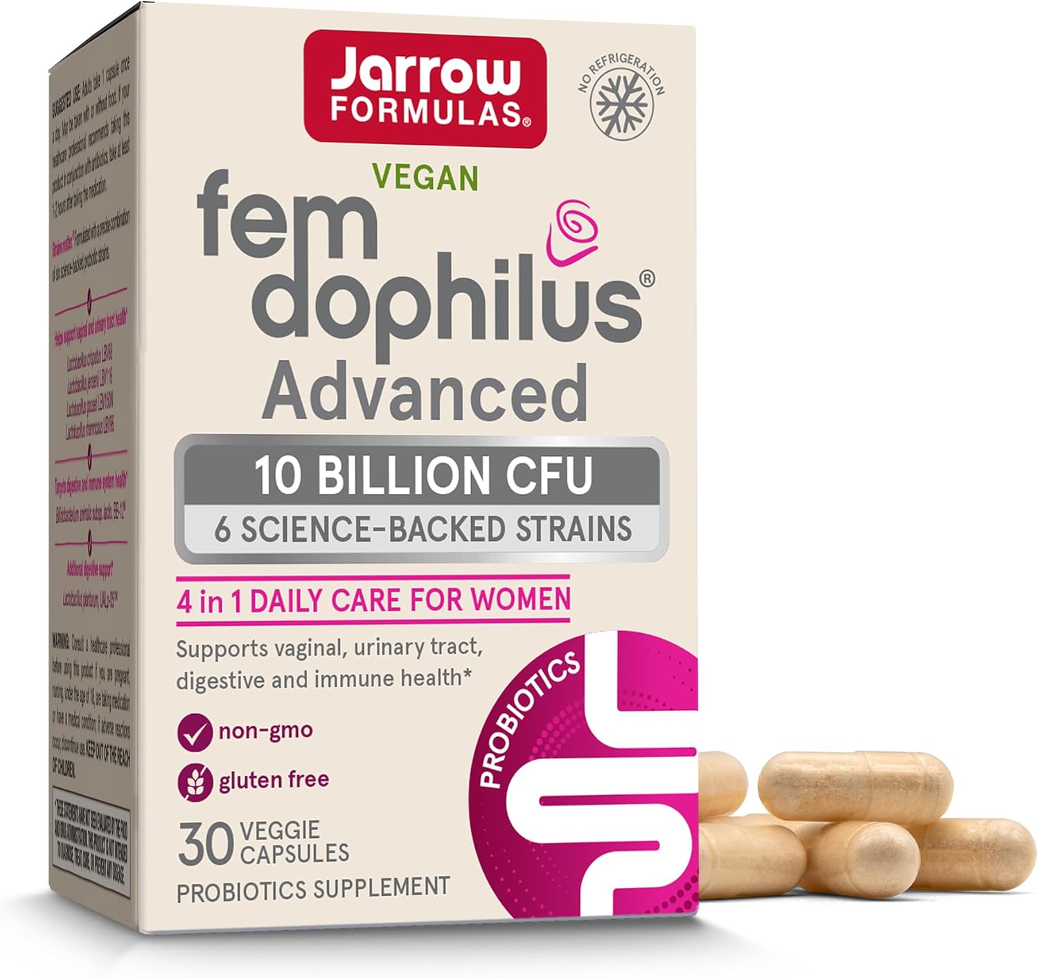 Front image: Jarrow Fem Dophilus Advanced probiotics 10 billion CFU veggie capsules bottle 30 count