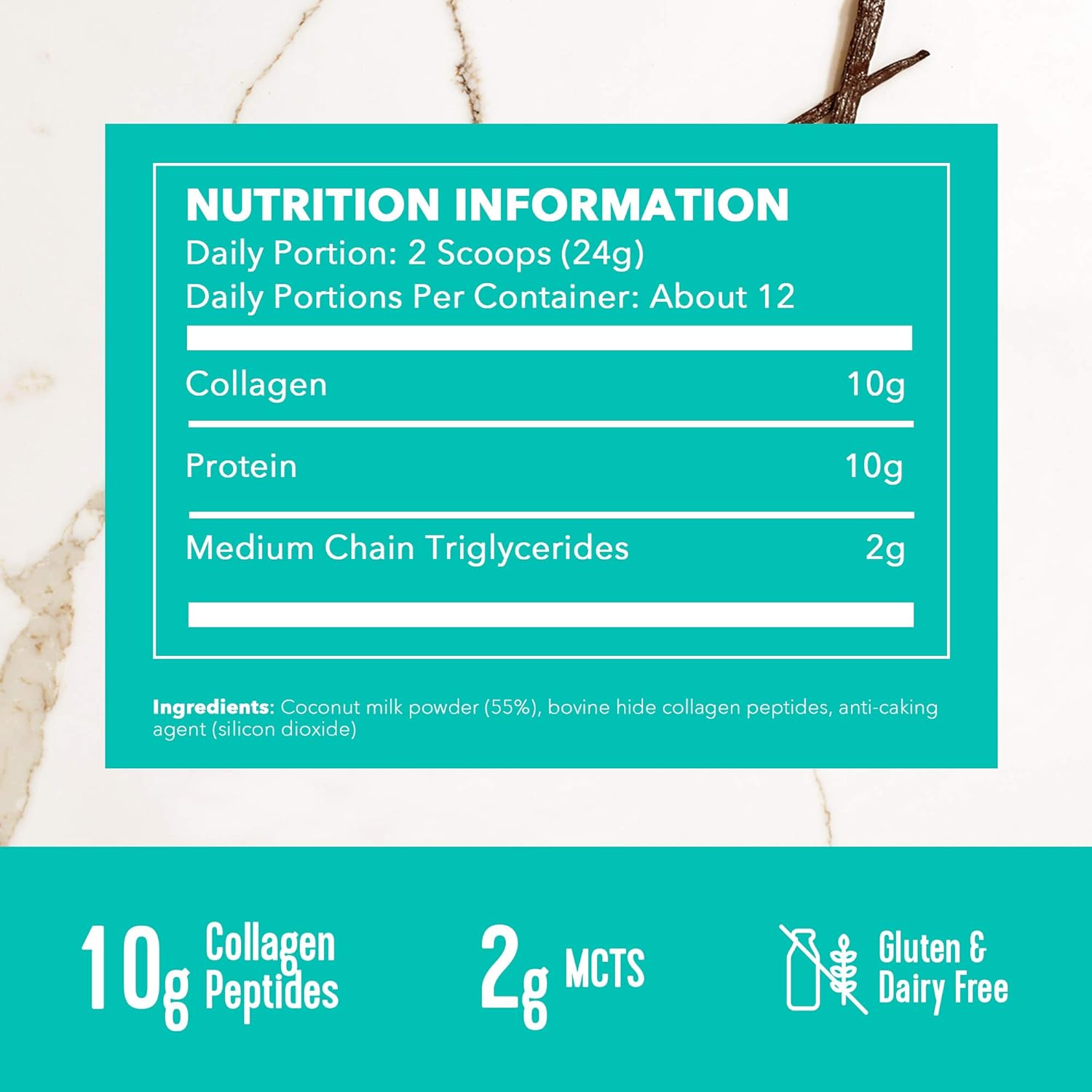 Supplement facts & ingredients image: Vital Proteins Collagen Coffee Creamer coconut powder tub 293g ingredients label