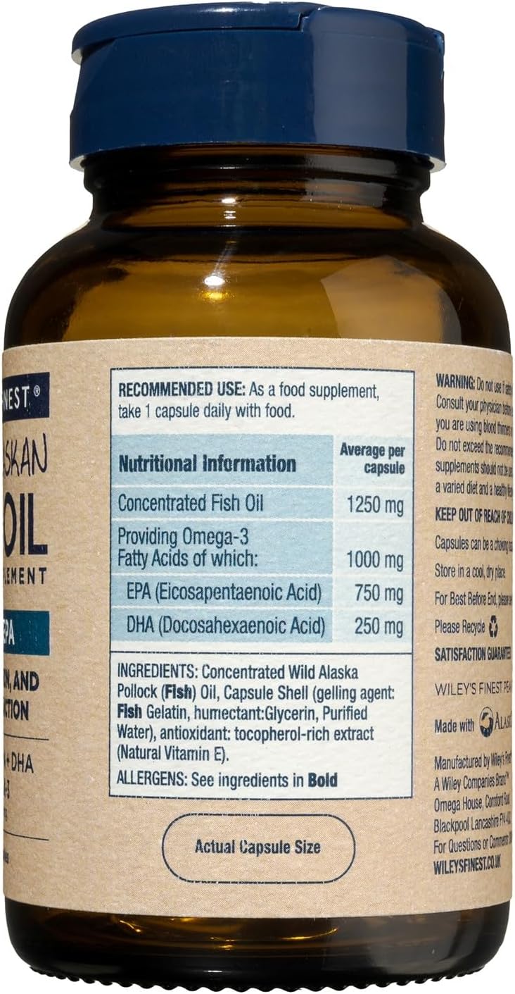 Supplement Facts & Ingredients Image: Wiley's Finest fish oil Peak EPA ingredients label 30 capsules bottle