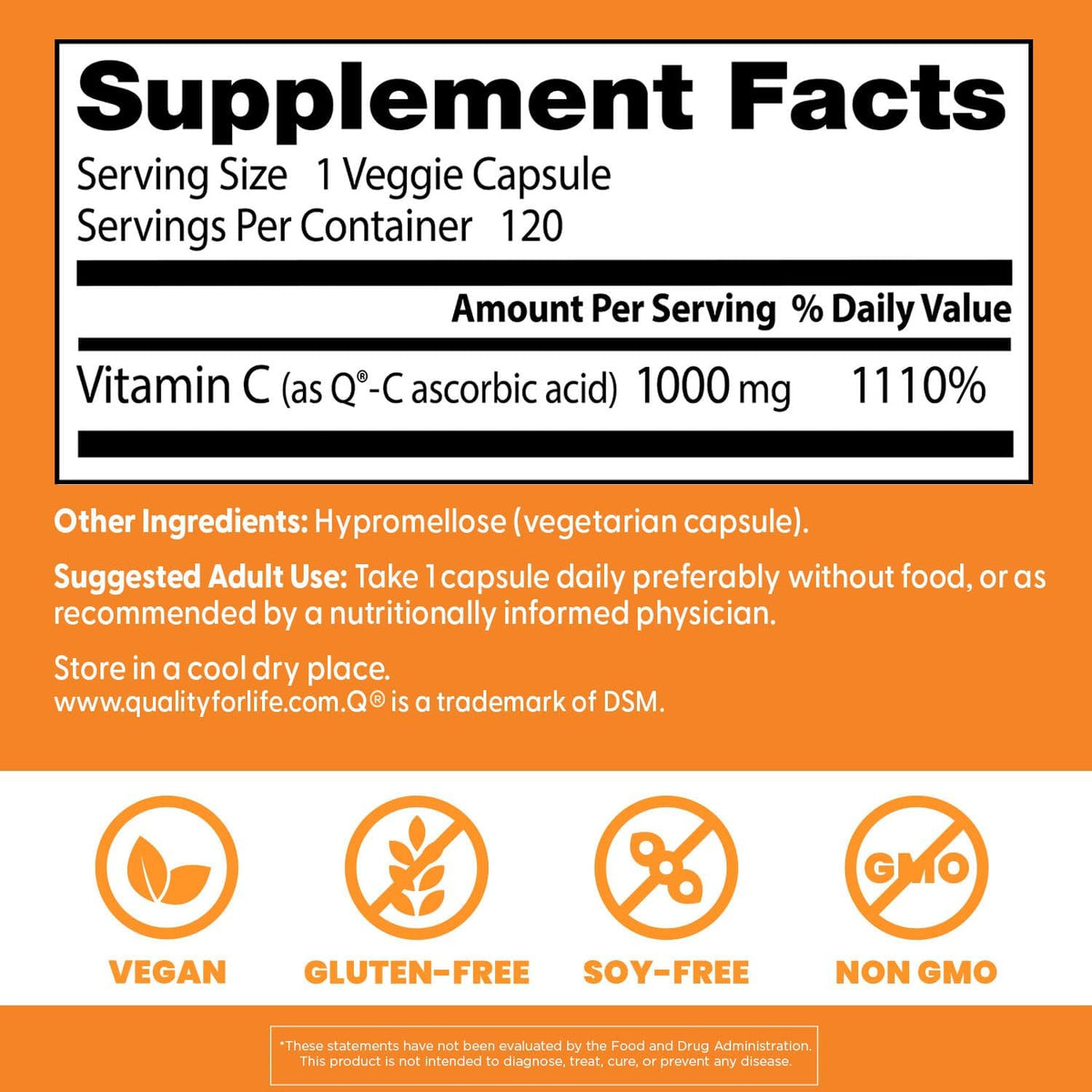 Doctor's Best Vitamin C 1000mg, bottle packaging, unflavoured, 1000mg, 120 or 360 veggie capsules, supplement facts and ingredients
