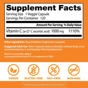 Doctor's Best Vitamin C 1000mg, bottle packaging, unflavoured, 1000mg, 120 or 360 veggie capsules, supplement facts and ingredients