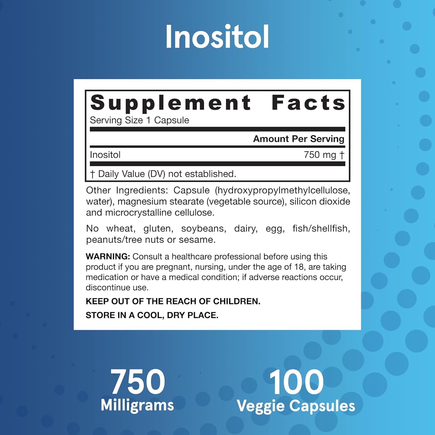 Supplement Facts Image: Jarrow Formulas Inositol 750mg supplement facts ingredients veggie capsules 100 count