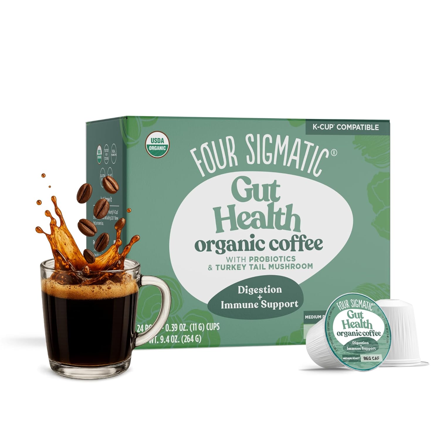 Four Sigmatic Organic Coffee Pods Medium Roast 24 Count front packaging on white background