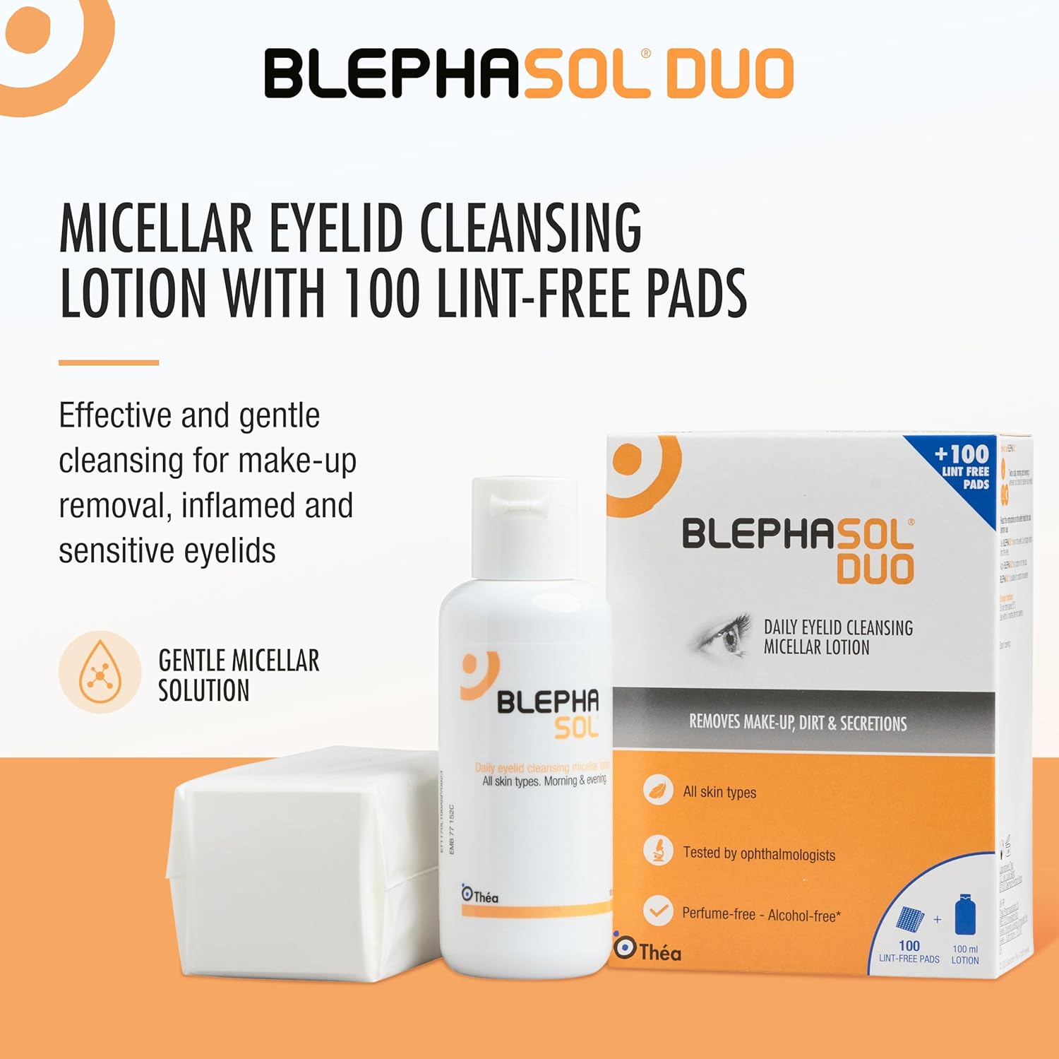 Blephasol Duo Eyelid Cleansing Lotion bottle and lint-free pads package.