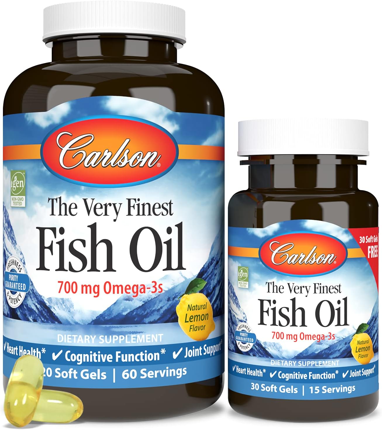 Front image: Carlson Very Finest Fish Oil 700 mg omega 3 softgels bottle 150 count lemon
