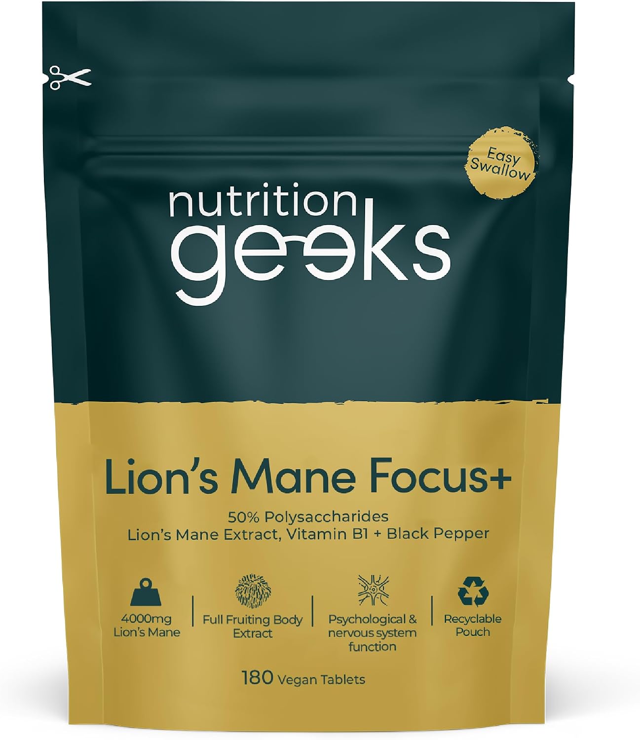Nutrition Geeks Lion's Mane Focus+ 4000mg, vegan food supplement tablet packaging, no flavour, 180 tablets