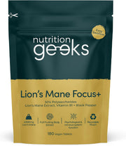 Nutrition Geeks Lion's Mane Focus+ 4000mg, vegan food supplement tablet packaging, no flavour, 180 tablets