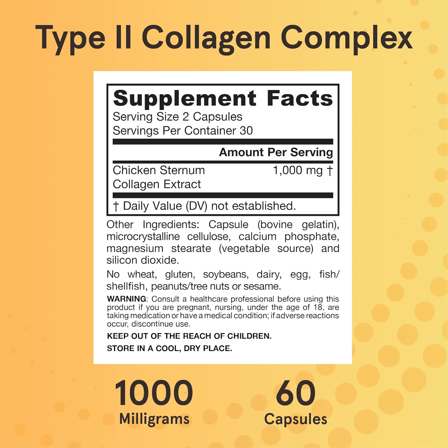 Supplement Facts Image: Jarrow Formulas type II collagen complex 1000mg supplement facts and ingredients 60 count