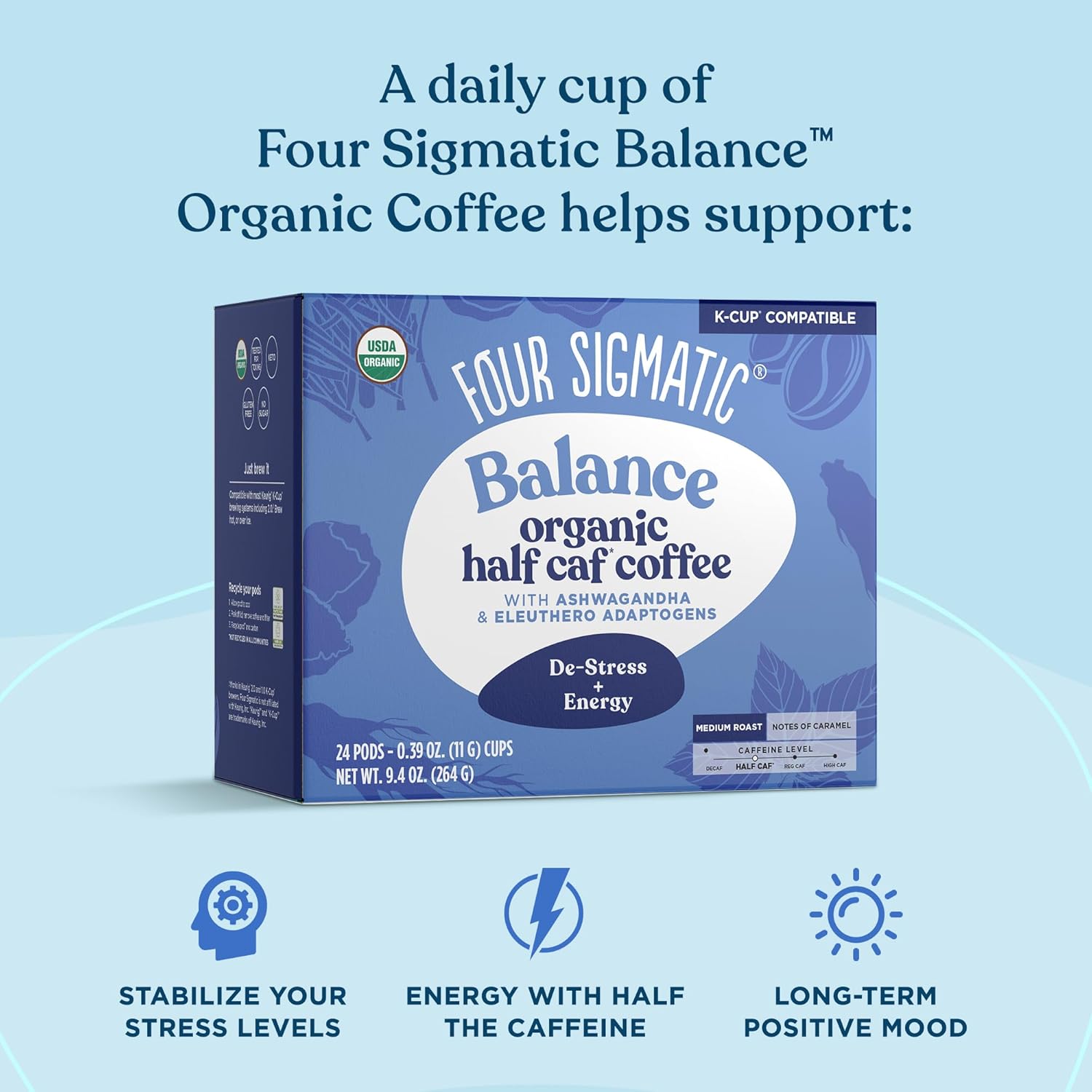 Four Sigmatic Organic Half Caff Coffee Pods, Medium Roast - 24 Count