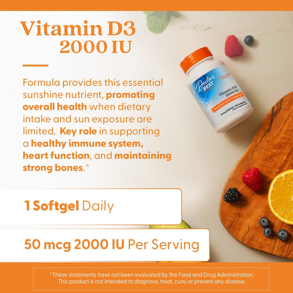 Doctor's Best Vitamin D3, bottle packaging, unflavoured, 2000 IU 50mcg, 180 softgels, daily use instructions