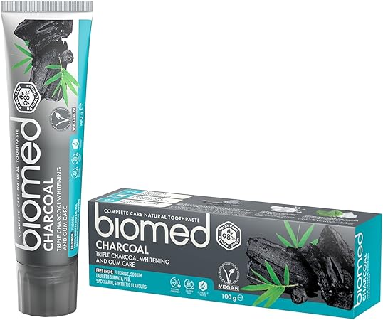 Black and blue tube & box of BIOMED Triple Charcoal Natural Toothpaste, 100g.