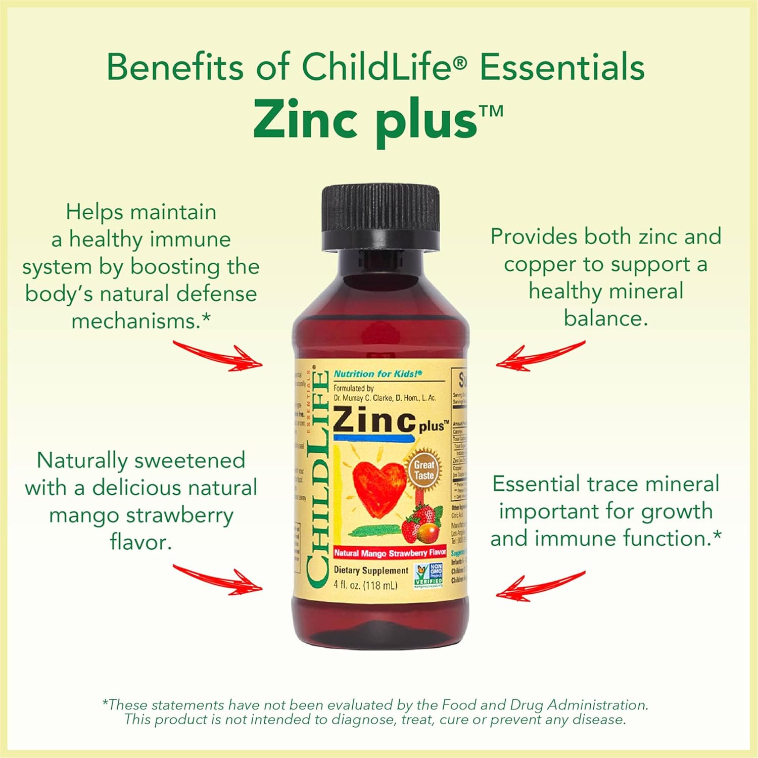 ChildLife Essentials Liquid Zinc Plus key benefits zinc copper mango strawberry 118ml