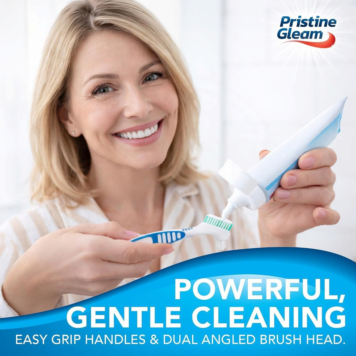 Pristine Gleam Denture Cleaning Brush packaging showing product information