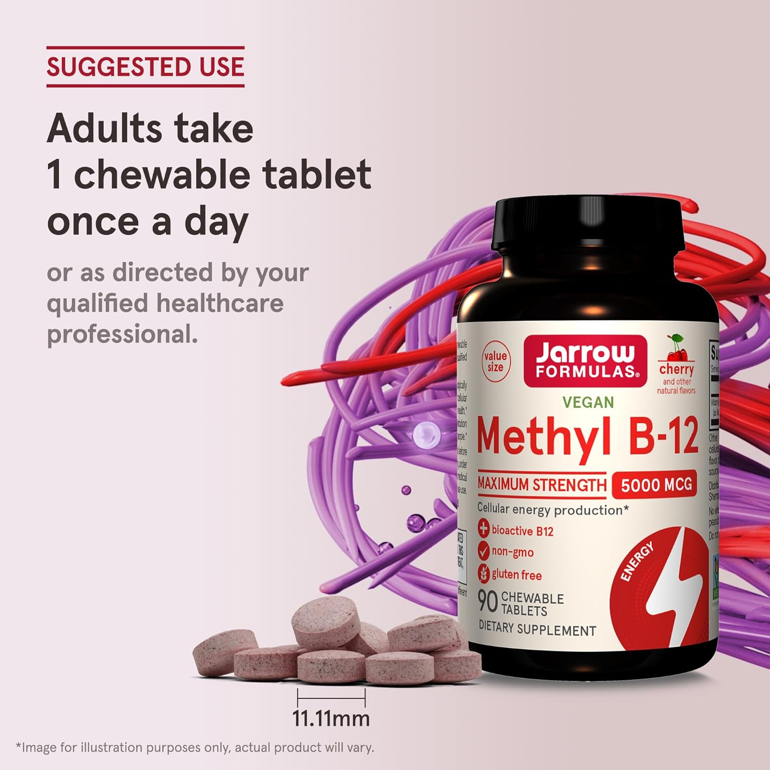 How to Use Image: Jarrow Formulas Methyl B-12 5000mcg chewable tablets fruit flavored usage instructions