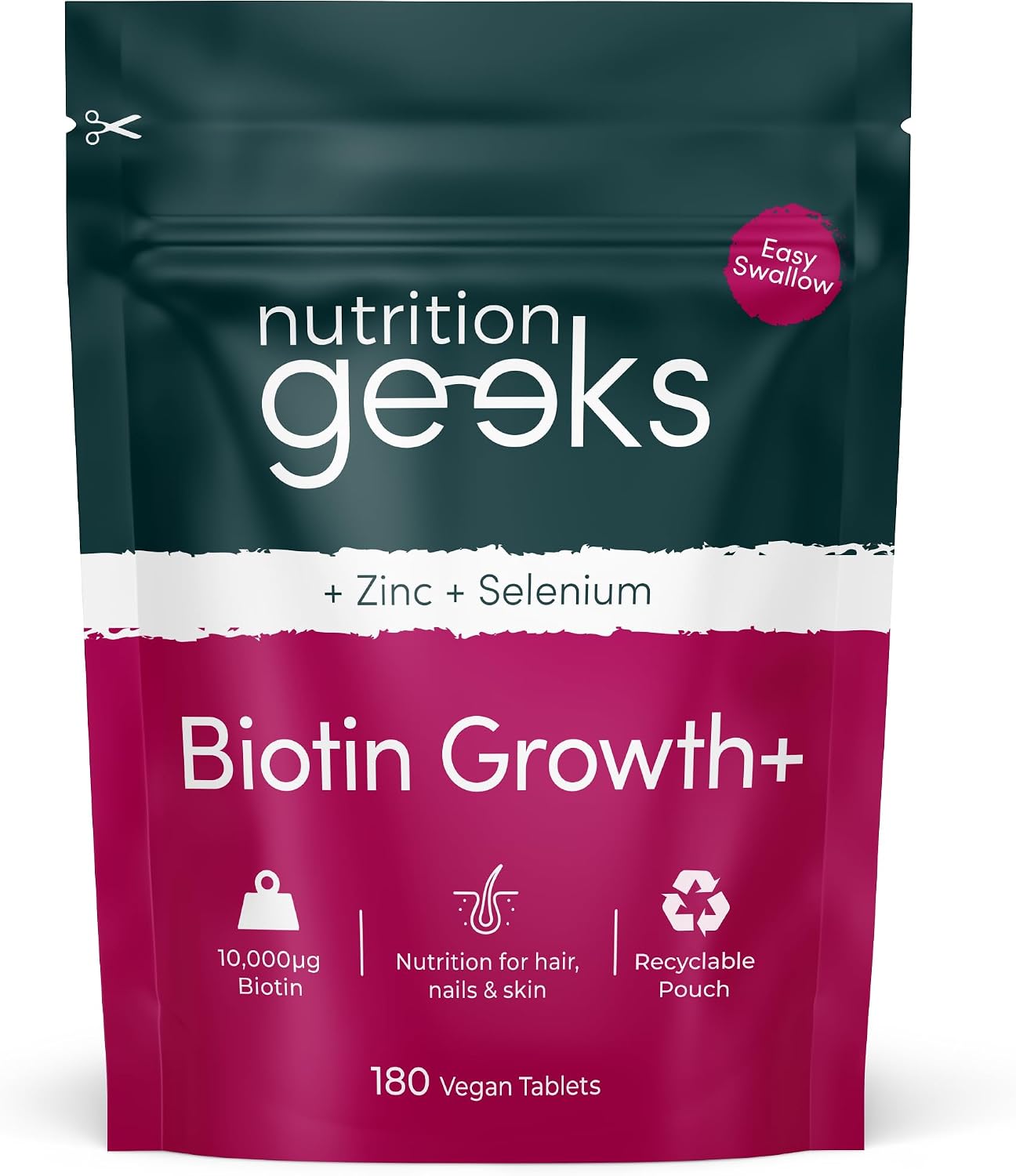 Nutrition Geeks Biotin Growth+ 10000mcg, vegan food supplement tablet packaging, no flavour, 180 tablets
