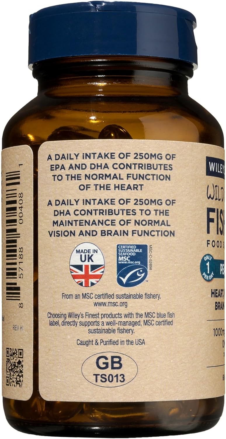 Back image: Wiley’s Finest Peak EPA fish oil supplement facts bottle 60 count